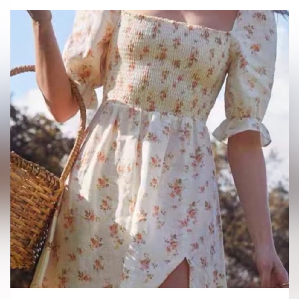 Smocked floral midi length dress